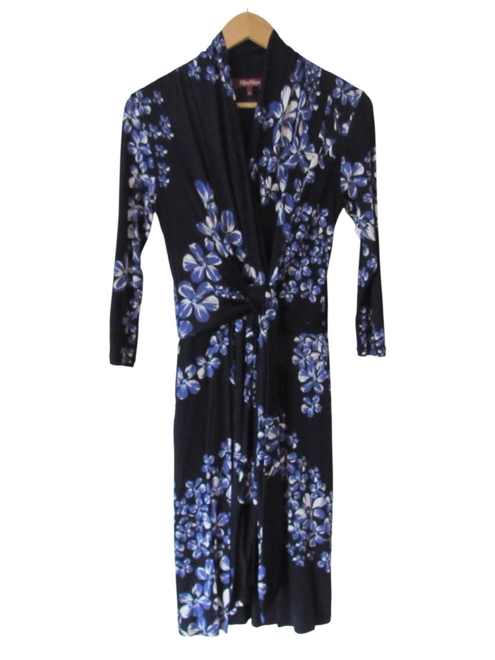 Max Mara Studio Floral Dress Medium Black Blue Gathered Classic Quiet Luxury